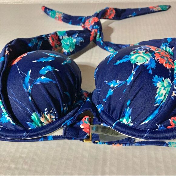 VICTORIAS SECRET VS Floral Push Up Bikini Blue Halter Swim Bra Top Womens 32B - Picture 4 of 10